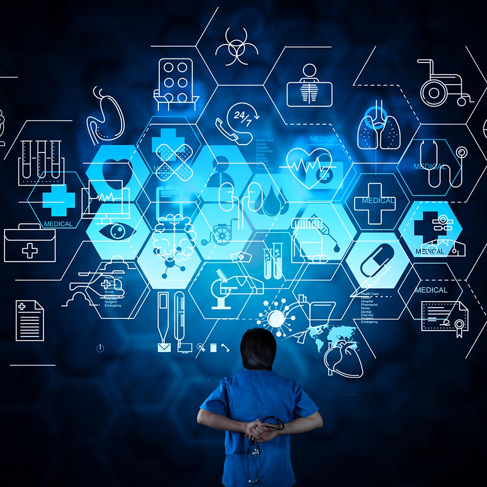 Health care and medical services concept with flat line AR interface.smart medical doctor working with stethoscope.